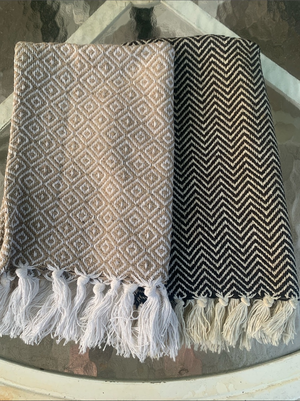Woven Diamond & Chevron Fringe Cotton Placemats- Neutral Two-Tone